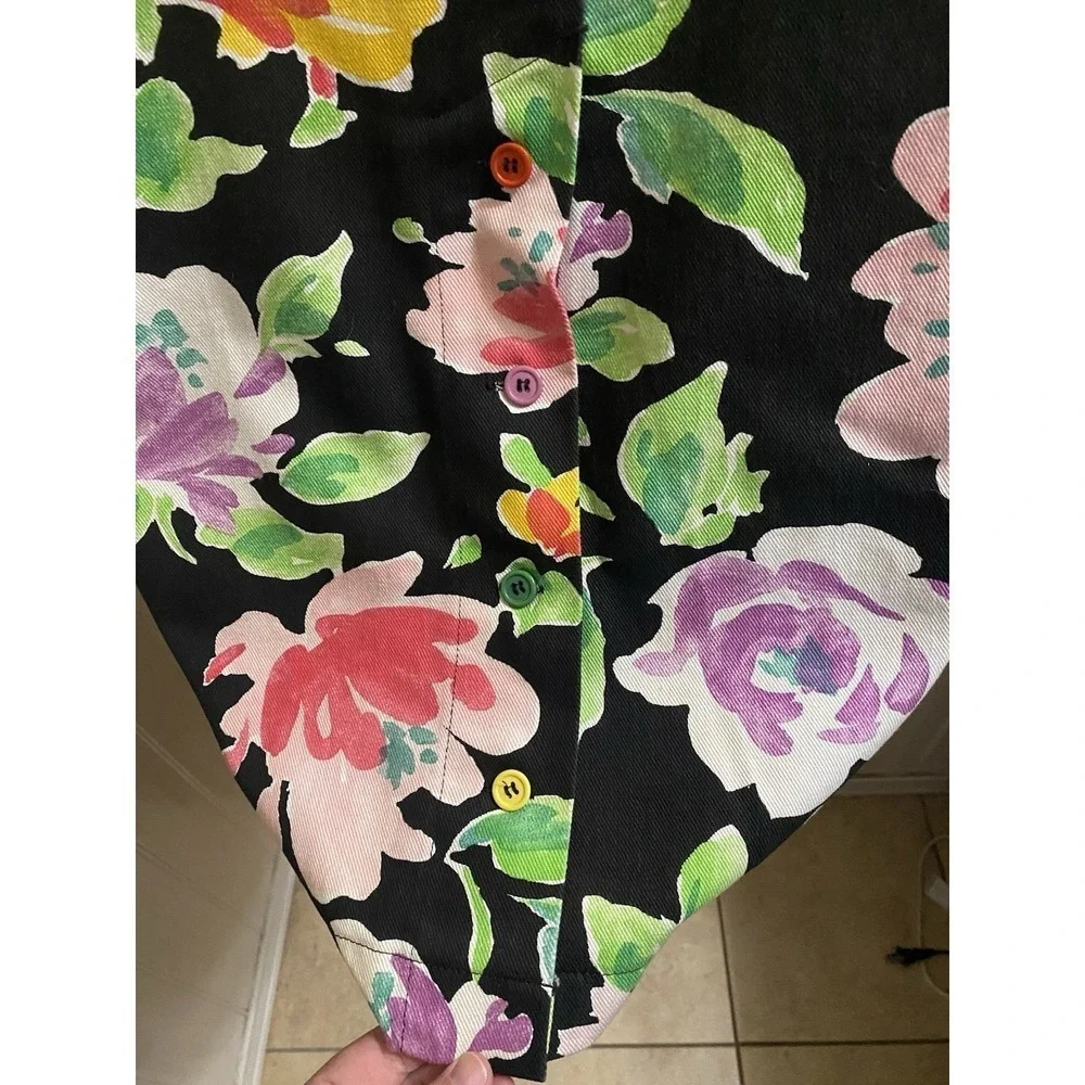 Vintage On The Verge Denim Black Multicolor Floral Pencil Skirt ButtonSlit 13/14